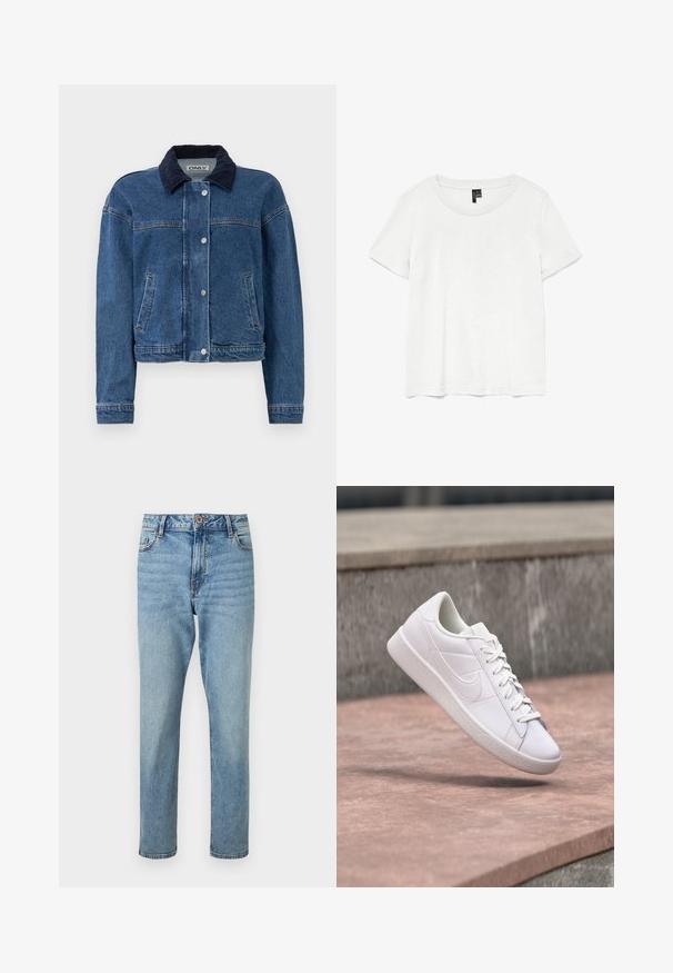 Jeansjacke in Mittelblau mit einem navblauen Cordkragen, vorderem Druckknopfverschluss, zwei Seitentaschen und einer kürzeren Passform.; Weißes T-Shirt mit kurzen Ärmeln und rundem Ausschnitt, hergestellt aus leichtem Stoff. Schlichtes Design, glatte Textur und gerader Saum.; Hellblaue, hoch taillierte Jeans mit geradem Bein, vorne mit Knopf- und Reißverschluss, vorderen Taschen und dezenten ausgewaschenen Details.; Weißer Nike Low-Top-Sneaker mit Schnürsenkeln, der über einer Betonleiste vor einem grauen Stein-Hintergrund im Freien schwebt.