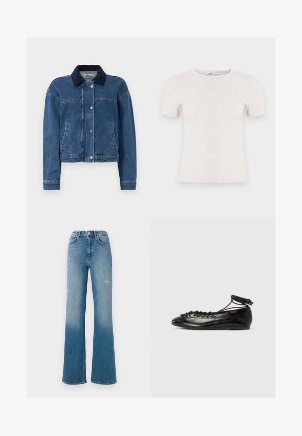 Denimjack in middelblauw met een marineblauwe corduroy kraag, voorste drukknoopsluiting, twee zijzakken en een cropped ontwerp.; Lichtgrijs T-shirt met korte mouwen, gemaakt van geribbelde stof met een ronde hals. Eenvoudig ontwerp, gladde textuur, geen zichtbare patronen of accenten.; Hoge taille blauwe denim jeans met lichte slijtage op de dijen, vijf zakken stijl, en een uitlopend pasvorm.; Zwarte ballerina's van lakleer met een afgeronde neus, veterdesign en een platte zool. Glad oppervlak met minimale details.