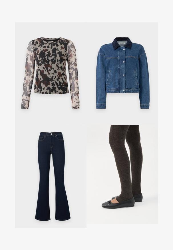 Chaqueta de mezclilla en azul medio con un cuello de pana navy, cierre frontal a presión, dos bolsillos laterales y un diseño cropped.; Blusa de manga larga en tejido ligero y transparente con un estampado de leopardo en tonos terrosos de negro, marrón y beige. Escote redondo.; Vaqueros acampanados azul oscuro con cintura alta, bolsillos delanteros y costuras en contraste, confeccionados con tela vaquera de textura suave.; Piernas con leggings oscuros acanalados combinados con bailarinas negras que presentan pequeños detalles de lazo sobre un fondo blanco.