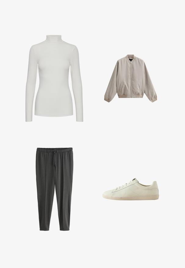 Veste bomber beige clair en tissu lisse, dotée d'une fermeture éclair à l'avant, de deux poches latérales et de poignets et d'un ourlet côtelés.; Haut à manches longues blanc en col roulé, fabriqué en tissu lisse, avec une silhouette ajustée et des coutures minimales pour un aspect épuré.; Joggers gris foncé et extensibles fabriqués en tissu doux ; dotés d'une taille élastique avec cordon de serrage et de jambes fuselées.; Baskets basses en cuir blanc avec surface texturée, fermeture à lacets et semelle en caoutchouc beige, vues de côté sur fond blanc.