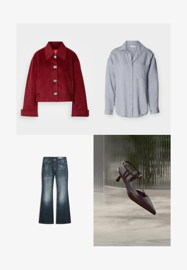 Veste courte bordeaux en mélange de laine, dotée d'un col, de boutons-pression en argent et de poches latérales ; texture lisse avec une coupe ajustée.; Chemise à manches longues, bleu clair, à boutons, avec fines rayures blanches verticales et une poche poitrine, présentée sur un fond uni.; Jean bootcut bleu marine avec des zones décolorées sur les cuisses et les genoux, design à cinq poches et fermeture par bouton métallique.; Escarpin slingback en cuir brun foncé à bout pointu, avec des fines lanières et un petit talon kitten incurvé, présenté sur un fond abstrait.