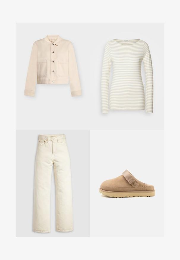 Chaqueta corta beige con cuello, mangas largas, cierre frontal con botones y dos grandes bolsillos delanteros sobre un fondo claro.; Camisa de manga larga a rayas en mezcla de algodón crema y beige, con un cuello redondo y silueta ajustada. Textura suave con patrones sutiles.; Pantalones vaqueros de pierna ancha en denim color blanco roto, con cintura alta, remaches de cobre y diseño clásico de cinco bolsillos. Tejido texturizado con dobladillos limpios.; Zueco de ante en beige con parte superior texturizada, correa ajustable y una suela de goma robusta con un patrón de tacos para un mejor agarre.