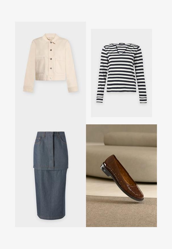 Veste courte beige avec col, manches longues, fermeture avant à boutons et deux grandes poches avant sur fond clair.; Chemise à manches longues rayée horizontalement noire et blanche avec un col rond, présentée à plat sur un fond uni.; Jupe en denim de couleur bleu foncé, dotée de poches avant, d'une taille cintrée et d'une coupe au niveau des genoux, rehaussée de surpiqûres contrastées.; Ballerine en cuir verni marron avec un design perforé, un bout arrondi et un petit talon en caoutchouc noir. Texture lisse avec une brillance éclatante.