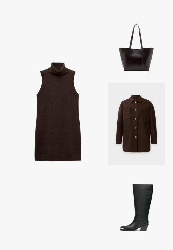 Mørkebrun skjortejakke med knaplukning, to store brystlommer, lange ærmer og en klassisk krave, præsenteret på en hvid baggrund.; Brun ærmeløs turtleneck kjole lavet af blødt materiale, med en høj krave og en figursyet silhuet, samt ribbede kanter ved halsen og kanten.; Høje sorte læderstøvler med lukket tå og udskåret design. Har en kraftig hæl og en glat overflade. Bemærkelsesværdig detaljering på sidepanelet.; Sort læder tote taske med glat tekstur, bred krop og to lange stropper. Har vertikal syning for ekstra design detalje.
