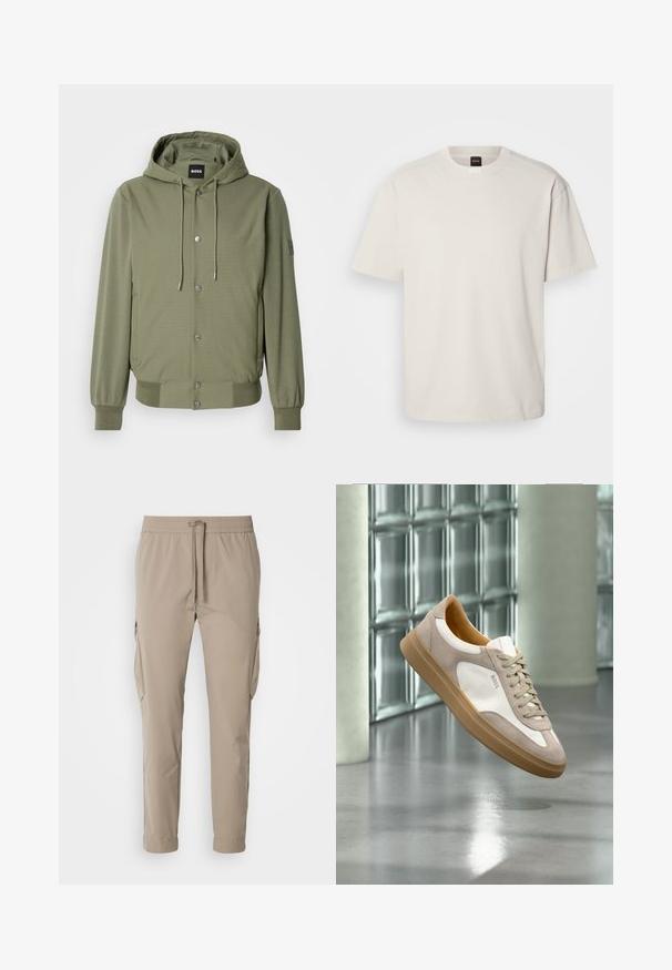 Olivengrøn hættetrøje med frontknapper, snoretræk i hætten, ribbede manchetter, kant, sidelommer og BOSS-logoet i kraven og på ærmet.; Kortærmet, crew-neck t-shirt i off-white bomuld med lige snit og minimal branding på kraven. Blød tekstur, uden mønstre.; Beige cargo bukser med elastisk talje og snøre. Har sidelommer og en tapered ben design, lavet af letvægtsstof.; Beige og hvid sneaker med tan sål og "BOSS" logo, ophængt over en reflekterende glat gulv med glasblokvæg i baggrunden.