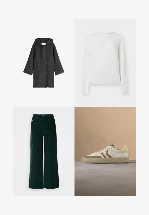 Mørkegrå uldfrakke med hætte, dobbeltradet foran, store lommer og brede ærmer. Blød tekstur og minimalistisk design.; Hvid, fnulleret sweater lavet af blødt materiale. Har rund hals, lange ærmer og ribbede manchetter og kant. Enkel, struktureret design.; Bukser med vide ben i mørkegrøn fløjl. Har en horisontal ribbet tekstur, forlommer og en knaplukning med mærkede detaljer.; Hvid og tan sneakers med en gul hælkant, der har ruskind og glatte læderteksturer, flade snørebånd og en gummisål.