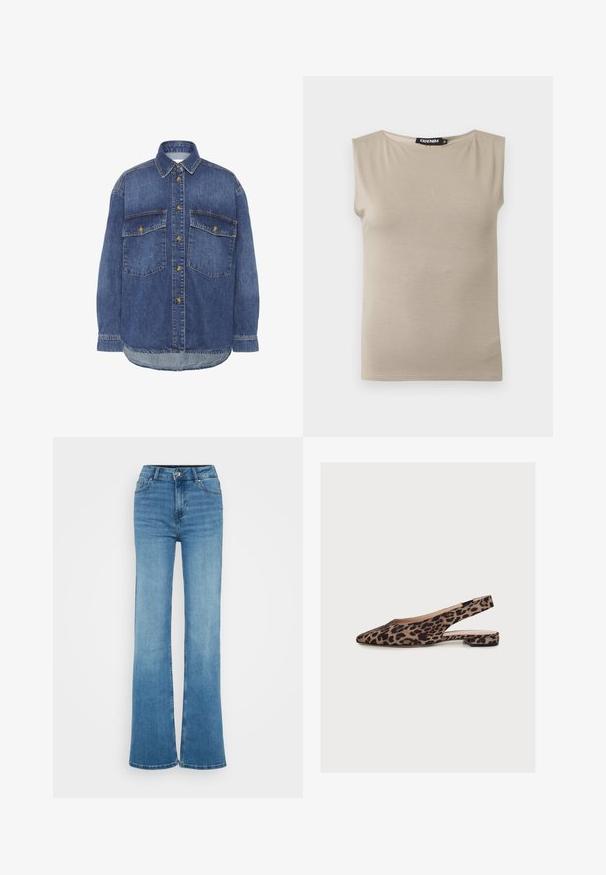 Denimskjorte i mørkeblå med knap-til-ned krave, to brystlommer og synlig syning; har en løs pasform og lige kant.; Beige ærmeløs bomuldstop med brede skulderstropper og rund halsudskæring, størrelse medium, lagt fladt mod hvid baggrund.; Højtaljede blå denim flared jeans med en glat tekstur, syninger på frontlommerne og rå kanter ved de brede benåbninger.; Flad slingback-sko med leopardmønster, spids tå og lav hæl, vist fra siden mod en hvid baggrund.