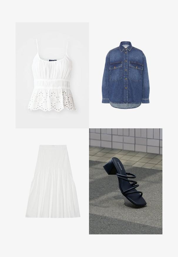 Chemise en denim bleu foncé avec un col boutonné, deux poches poitrine et des détails de couture visibles ; présente une coupe ample et un ourlet droit.; Camisole en coton blanc avec bretelles réglables, corsage smocké et ourlet en forme de vagues avec des découpes florales brodées.; Jupe blanche, arrivant au genou, en coton. Présente des détails froncés à la taille, une texture lisse et une silhouette A-line simple et classique.; Sandale noire à bout carré, trois fines brides et talon bloc sur un trottoir près d'un mur carrelé.