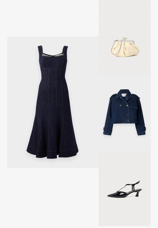 CLOSED CROPPED TRENCH - Spijkerjas - dark blue; Navy denim jurk met een vierkante halslijn, brede banden, uitlopende rok tot op de knie en contrasterende stiksels. Ritsluiting aan de achterkant.; Stuart Weitzman VINNIE - Klassieke pumps - black; Geplooide beige leren clutch met een zilveren metalen frame, voorzien van twee ronde decoratieve sluitingen en een zilveren kettingriem.