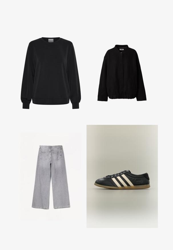 Veste bomber noire en tissu doux, avec un col arrondi, des poches avant et une taille élastique pour un ajustement décontracté.; Sweatshirt noir à manches longues, col rond et poignets côtelés. Présente une texture lisse et un détail de logo subtil à l'avant.; Jean large gris à taille haute, avec une texture lisse, deux poches arrière et des détails de couture subtils.; Baskets Adidas Gazelle noires avec des bandes blanches, des lacets noirs et une semelle marron clair, vues de profil sur un fond neutre.