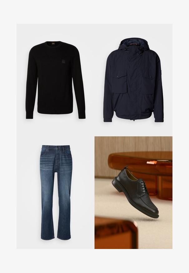 Marineblaue leichte Jacke mit Kapuze, zwei Klapptaschen und elastischen Bündchen. Hergestellt aus weichem, strukturiertem Stoff mit lässiger Passform.; Schwarzer Strickpullover mit langen Ärmeln, Rundhalskragen und einem kleinen strukturierten Logo-Patch auf der Brust. Glatte Textur über die gesamte Fläche.; Jeans aus Denim mit geradem Bein, mittlerer Waschung, Fünf-Taschen-Stil und Knopfverschluss. Der Stoff hat eine glatte Textur mit leichter Ausbleichung.; Schwarzer Leder-Schnürschuh mit texturierter Vorderseite, schwebend über beigem Teppich in einem modernen Raum mit bernsteinfarbenen Möbeln.