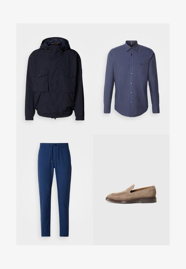 Veste légère bleu marine avec capuche, deux poches à rabat et poignets élastiques. Fabriquée en tissu doux et texturé avec une coupe décontractée.; Chemise à manches longues bleu foncé, boutonnée, en coton, avec un col classique, un ourlet arrondi et une broderie de logo sur la poitrine.; Pantalon bleu marine en tissu doux, doté d'une taille élastique avec cordon de serrage et de jambes fuselées. Pas de poches visibles.; BOSS CASSIAN - Chaussons - beige/khaki