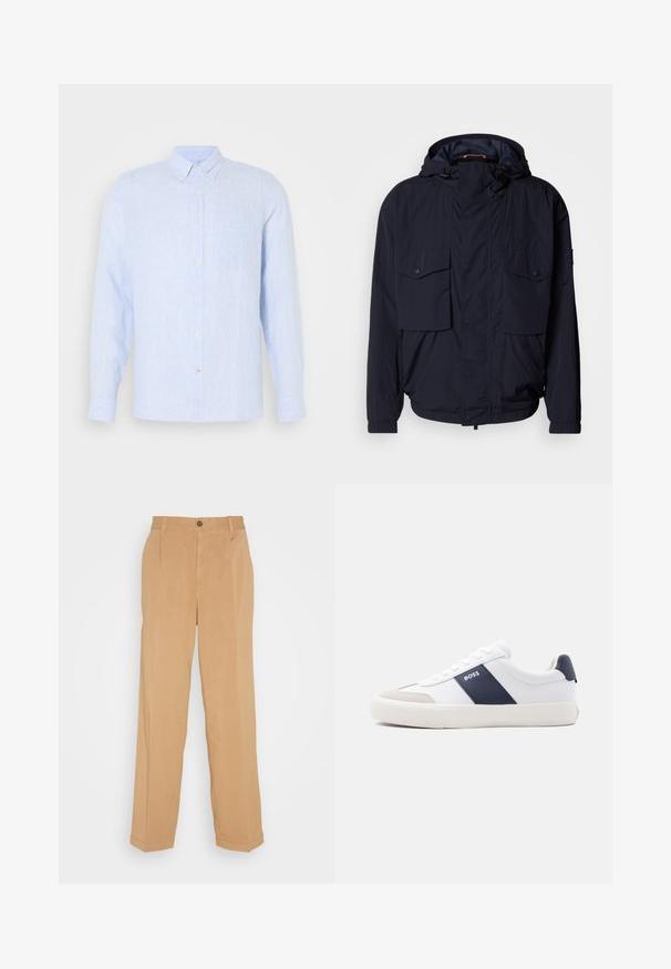 Marineblaue leichte Jacke mit Kapuze, zwei Klapptaschen und elastischen Bündchen. Hergestellt aus weichem, strukturiertem Stoff mit lässiger Passform.; Helles blaues Hemd mit Knopfleiste aus strukturiertem Stoff, mit Kragen, langen Ärmeln, einer Brusttasche und subtilen Streifenmustern.; Beige weite Hose aus weichem Stoff, mit zwei frontalen Taschen, einem Knopfverschluss und Bügelfalten entlang der Beine.; Weißer Sneaker mit niedrigem Schaft, marineblauem Seitenstreifen, "BOSS" Logo, beiger Zehenkappe und weißer Sohle, seitlich auf hellem Hintergrund gezeigt.