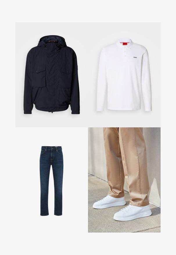 Marineblauwe lichtgewicht jas met een capuchon, twee klepzakken en elastische manchetten. Gemaakt van zachte, geweven stof met een relaxed fit.; Witte lange mouwen polo-shirt gemaakt van katoen, met een kraag, een drie-knops sluiting en een zwart "HUGO" logo op de linkerborst.; WE Fashion BLUE RIDGE - Straight leg jeans - dark blue; Witte leren sneakers met een gladde afwerking, ronde neuzen, witte veters en een minimalistisch ontwerp. Draag ze met lichtbruine, taps toelopende broeken.
