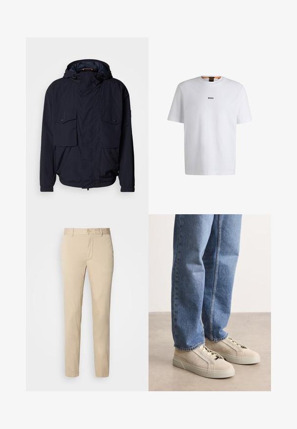 Marineblauwe lichtgewicht jas met een capuchon, twee klepzakken en elastische manchetten. Gemaakt van zachte, geweven stof met een relaxed fit.; Witte katoenen T-shirt met korte mouwen, voorzien van een zwart "BOSS"-logo in het midden van de borst en een ronde halsontwerp.; Beige katoenen chino's met een recht model, voorzien van een knoopsluiting en voorzakken. Soepele textuur zonder zichtbare patronen of accenten.; BOSS GARYTENN_SDHDEL - Sneakers laag - natural ten