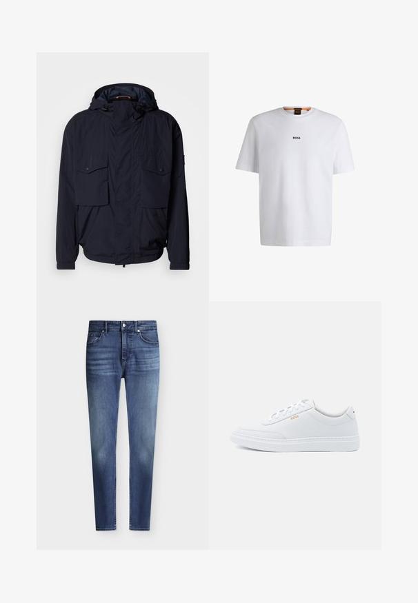 Marineblauwe lichtgewicht jas met een capuchon, twee klepzakken en elastische manchetten. Gemaakt van zachte, geweven stof met een relaxed fit.; Witte katoenen T-shirt met korte mouwen, voorzien van een zwart "BOSS"-logo in het midden van de borst en een ronde halsontwerp.; Heren slim fit blauwe denim jeans met klassieke vijfzakkenstijl en lichte vervaging op dijen en knieën, knoop- en ritssluiting.; Witte leren sneakers met een gladde textuur, ronde neus en tonale stiksels. Voorzien van blauwe veters en een gouden logo op de zijkant.