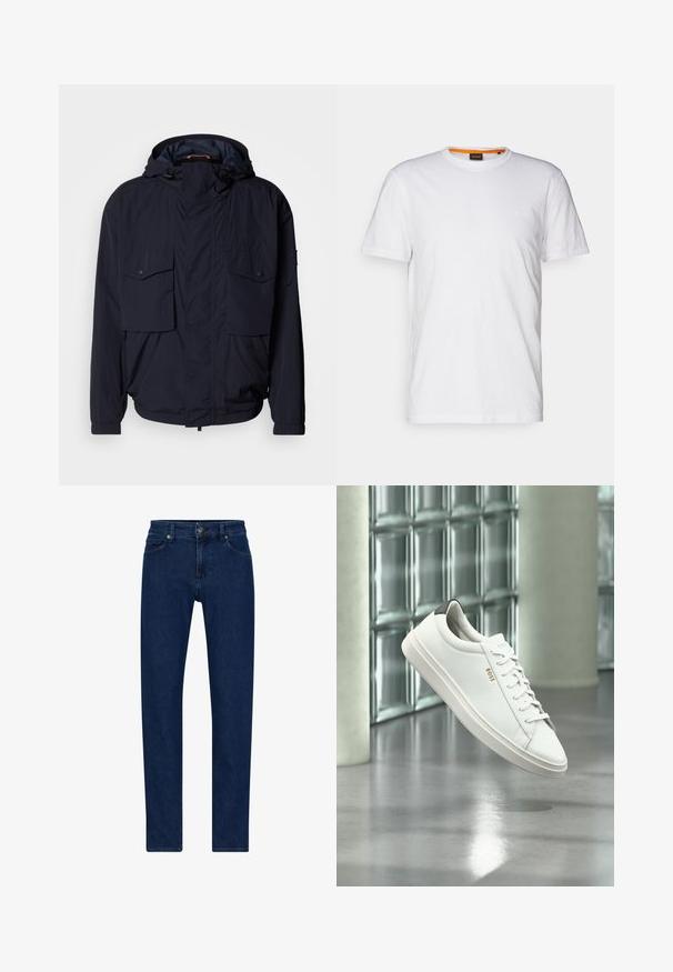 Marineblauwe lichtgewicht jas met een capuchon, twee klepzakken en elastische manchetten. Gemaakt van zachte, geweven stof met een relaxed fit.; Witte katoenen T-shirt met ronde hals, korte mouwen en een subtiel reliëflogo op de borst. Het binnenlabel heeft een oranje accent.; Donkerblauwe denim jeans met een recht gesneden ontwerp, vijf zakken en een knoopsluiting. Beschikt over subtiele stiksels en een zachte textuur.; Witte leren lage sneaker met veters, zwarte hielstrook en "BOSS"-logo, zwevend binnenshuis bij een glazen stenen muur en gepolijste vloer.