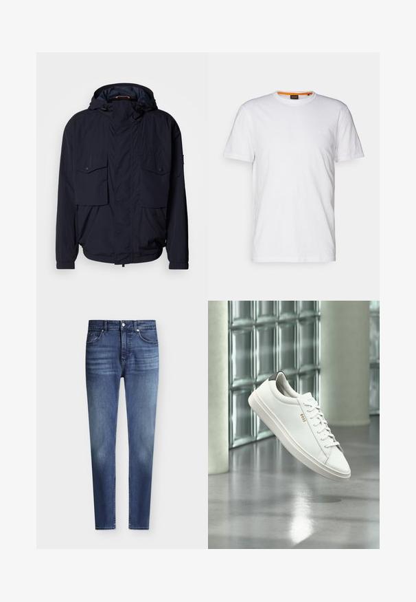 Marineblauwe lichtgewicht jas met een capuchon, twee klepzakken en elastische manchetten. Gemaakt van zachte, geweven stof met een relaxed fit.; Witte katoenen T-shirt met ronde hals, korte mouwen en een subtiel reliëflogo op de borst. Het binnenlabel heeft een oranje accent.; Heren slim fit blauwe denim jeans met klassieke vijfzakkenstijl en lichte vervaging op dijen en knieën, knoop- en ritssluiting.; Witte leren lage sneaker met veters, zwarte hielstrook en "BOSS"-logo, zwevend binnenshuis bij een glazen stenen muur en gepolijste vloer.