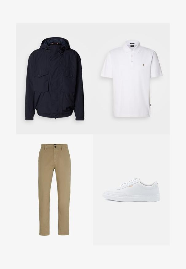 Veste légère bleu marine avec capuche, deux poches à rabat et poignets élastiques. Fabriquée en tissu doux et texturé avec une coupe décontractée.; Polo shirt blanc à manches courtes en coton, avec un col classique, une patte de boutonnage à trois boutons et un petit logo sur la poitrine.; Chinos en coton beige avec une coupe ajustée, devant plat et fermeture par bouton. Comprend des passants de ceinture et des poches latérales pour plus de fonctionnalité.; Baskets blanches en cuir avec une texture lisse, bout rond et coutures tonales. Possède des lacets bleus et un logo doré sur le côté.