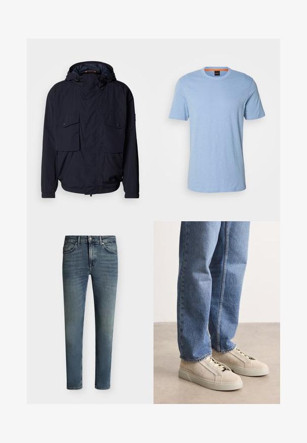 Marineblaue leichte Jacke mit Kapuze, zwei Klapptaschen und elastischen Bündchen. Hergestellt aus weichem, strukturiertem Stoff mit lässiger Passform.; Hellblaues T-Shirt mit kurzen Ärmeln aus weichem Material. Es verfügt über einen Rundhalsausschnitt und ein dezentes, eingeprägtes Logo auf der Brust.; Blau ausgewaschene Slim-Fit-Jeans mit fünf Taschen und Knopf- und Reißverschluss auf einfarbigem Hintergrund.; BOSS GARYTENN_SDHDEL - Sneaker low - natural ten
