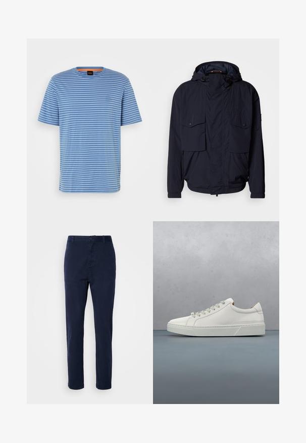 Marineblaue leichte Jacke mit Kapuze, zwei Klapptaschen und elastischen Bündchen. Hergestellt aus weichem, strukturiertem Stoff mit lässiger Passform.; Baumwoll-T-Shirt in Blau mit weißen horizontalen Streifen, Rundhalsausschnitt, kurzen Ärmeln und kleinem Logo-Detail auf der Vorderseite.; Navyblaue Chinos aus leichtem Stoff, mit geradem Bein, Knopfverschluss und Seitentaschen. Glatte Textur ohne Muster.; Weißes Leder-Sneaker mit abgerundetem Zehenbereich, minimalistisches Design, graue Schnürsenkel und einer strukturierten grauen Gummisohle. Dezente Nähte sichtbar.