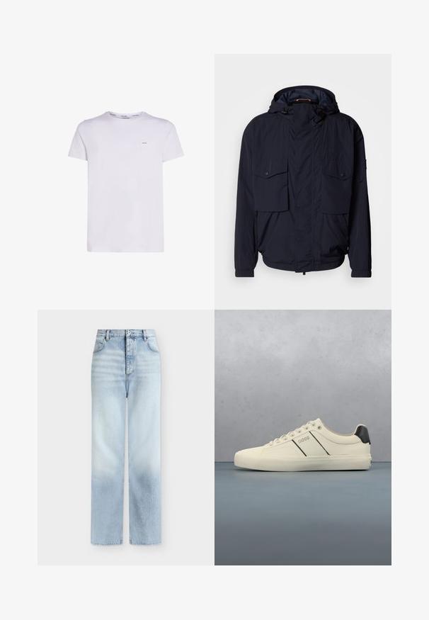 Marineblaue leichte Jacke mit Kapuze, zwei Klapptaschen und elastischen Bündchen. Hergestellt aus weichem, strukturiertem Stoff mit lässiger Passform.; Weißes Baumwoll-T-Shirt mit kurzen Ärmeln, Rundhalsausschnitt und einem kleinen Logo-Label auf der linken Brust, mit glatter Textur und schlichtem Design.; Hellblaue, hoch taillierte Jeans mit geradem Bein, Fronttaschen, Gürtelschlaufen und einem Knopfverschluss.; Cremfarbene Sneaker mit glatter Oberfläche, die schwarze Akzente und Markenlogo aufweisen. Klassisches Schnürdesign mit runder Zehenform und Gummisohle.