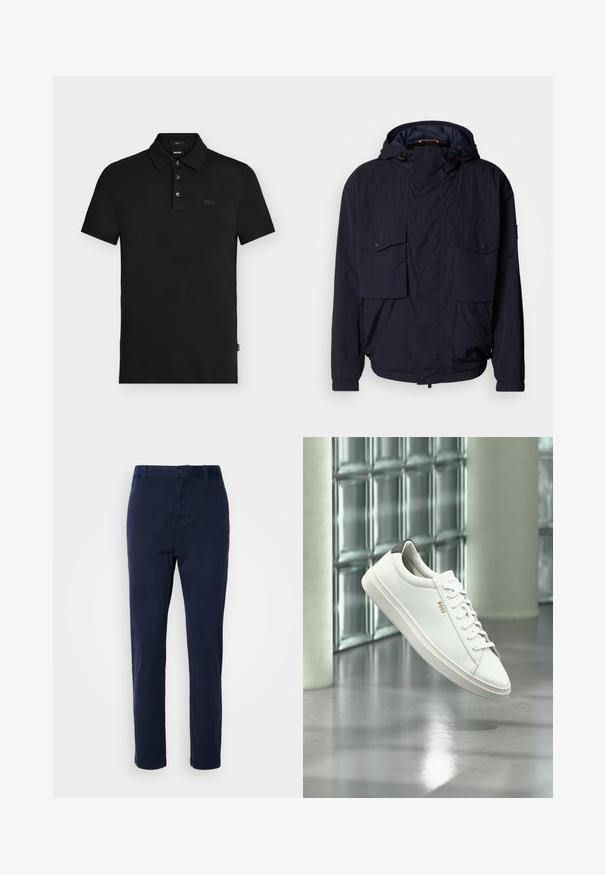 Chaqueta ligera azul marino con capucha, dos bolsillos con solapa y puños elásticos. Fabricada en un tejido suave y texturizado con un corte relajado.; Polo negro de corte ajustado con tres botones, mangas cortas y un sutil logotipo "BOSS" en el pecho y en el interior del cuello.; Chinos azul marino de tela ligera, con un diseño de pierna recta, cierre de botón y bolsillos laterales. Textura suave y sin estampados.; Zapatilla deportiva de piel blanca de corte bajo con cordones, lengüeta negra en el talón y logo "BOSS", flotando en interiores cerca de una pared de bloques de vidrio y suelo pulido.