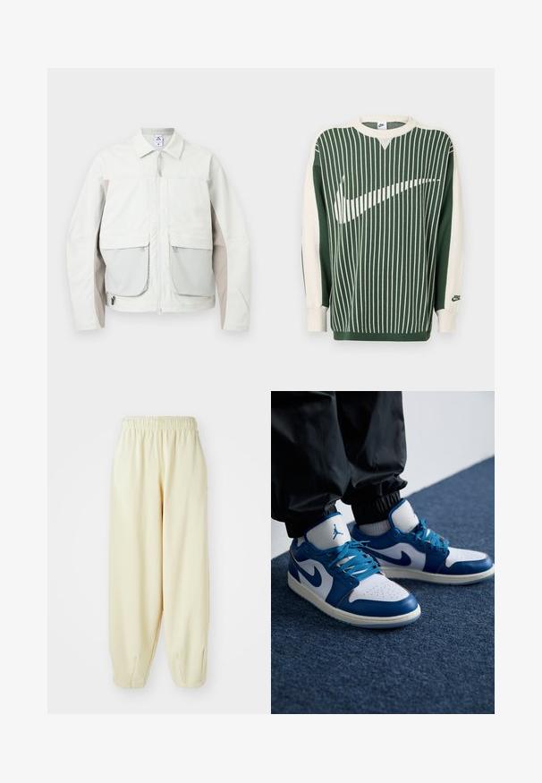 Hellgraue Jacke mit einem Reißverschluss vorne, zwei großen Vorderklapptaschen, beigen Seitenpaneelen und einem Hemdkragen.; Grüner und cremefarbener Strickpullover mit vertikalen Streifen, große weiße Nike-Logo, gerippte Bündchen und Rundhalsausschnitt.; Cremefarbene Sweatpants mit einem elastischen Bund, schmal zulaufenden Beinen und einer lockeren Passform. Hergestellt aus weichem, leichtem Material.; Die Nike Air Jordan Sneakers verfügen über eine weiße Lederbasis mit blauen synthetischen Akzenten, einer perforierten Zehenbox und blauen Schnürsenkeln.