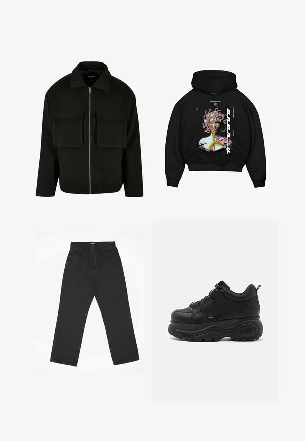 Chaqueta negra con cremallera hecha de tejido texturizado, con cuello, que presenta dos bolsillos de parche en la parte delantera y un corte recto.; Sudadera con capucha negra que presenta un gráfico multicolor de una figura similar a Medusa, con texto destacado y un bolsillo canguro en la parte frontal.; Vaqueros negros de pierna recta con cinco bolsillos y cremallera, colocados planos sobre un fondo blanco, etiquetados con "2Y STUDIOS" en la cintura.; Zapatillas chunky de cuero negro con una suela de goma gruesa, diseño elegante y detalles texturizados. Cuentan con cordones y una pestaña en el talón.