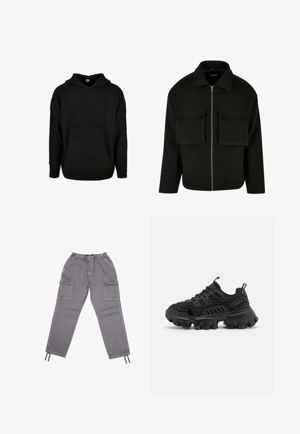 Zwarte zip-up jas van gestructureerde stof met een kraag, voorzien van twee voorzakken en een rechte snit.; Zwarte geribbelde gebreide hoodie met een voorzak en een capuchon met trekkoord. Heeft een losse fit en een gestructureerd patroon op de stof.; Grijze cargobroek met een elastische tailleband, trekkoordsluiting en meerdere zijzakken. Gemaakt van stevig materiaal met een zachte textuur.; Zwarte sportschoen met een gestructureerde rubberen zool, gelaagde designelementen en versterkte accenten. Heeft veters en een trekklep bij de hiel.