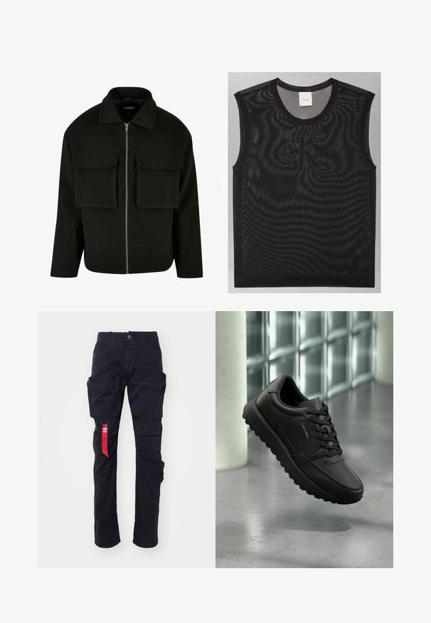 Chaqueta negra con cremallera hecha de tejido texturizado, con cuello, que presenta dos bolsillos de parche en la parte delantera y un corte recto.; Top negro de malla sin mangas con cuello redondo y gran logotipo "cK" bordado en el pecho, etiqueta Calvin Klein en la parte posterior del cuello.; Pantalones cargo negros con múltiples bolsillos laterales, un pasador para cinturón y una etiqueta de tela roja en el lado izquierdo. Hechos de un material de algodón duradero.; Zapatilla negra de cuero Calvin Klein con cordones, suela robusta, flotando sobre un suelo de hormigón pulido con fondo de pared de bloques de vidrio.