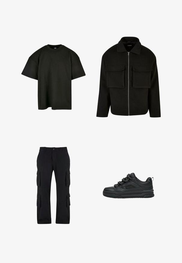 Sort lynlåsjakke lavet af tekstureret stof med krave, featuring to forreste lommeposer og en lige pasform.; Sort oversized t-shirt i blød bomuld. Har en rund crew neckline og korte ærmer, med en glat tekstur og minimalistisk design.; Sorte cargo bukser lavet af bomuldsstof, med flere sidelommer, en afslappet pasform og lige ben-design.; Sort lavtop sneaker med tyk sål, polstret krave, mesh paneler og chunky snørebånd vist mod en hvid baggrund.