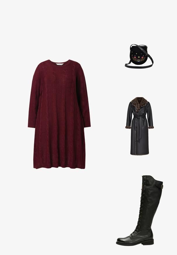 Cesare Gaspari REVERSIBLE - Abrigo de invierno - leopard; Vestido de punto burdeos con cuello redondo, mangas largas y patrón de trenzado. Corte holgado, con puños y dobladillo de canalé.; Bota de cuero negro hasta la rodilla con cordones en el frente, ojales de plata y hebilla lateral. Presenta un acabado texturizado y tacón apilado.; Bolso bandolera de terciopelo negro con diseño bordado de flores y motivos celestiales. Presenta una forma redondeada y una correa de cuero negro.