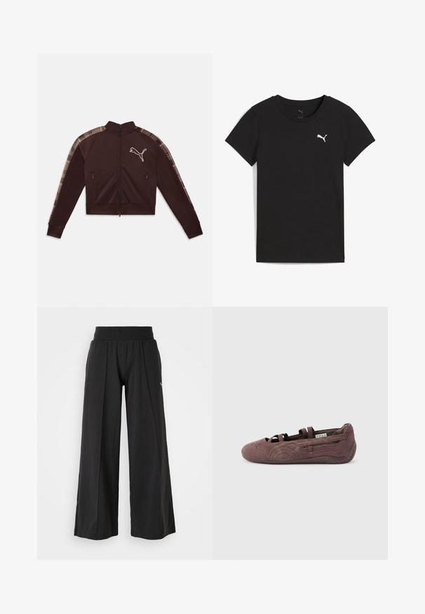 Chaqueta marrón oscuro con cremallera, cuello alto, dos bolsillos frontales con cremallera, raya de cuadros a lo largo de las mangas y logo blanco de Puma en el pecho.; Camiseta negra de manga corta Puma con cuello redondo y logo blanco de Puma en el pecho izquierdo.; Pantalones de pierna ancha negros con una tela texturizada, cintura elástica y detalle del logo de PUMA. Diseño simple con un ajuste casual.; Zapato plano tipo ballet de ante marrón con correas elásticas y suela texturizada, mostrado de perfil sobre un fondo claro y liso.