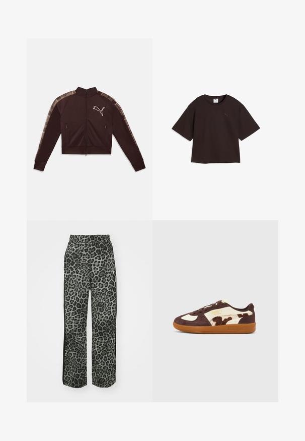 Donkerbruine jas met rits en hoge kraag, twee voorzakken met rits, geruite streep langs de mouwen en wit Puma-logo op de borst.; Effen zwarte T-shirt met korte mouwen en ronde hals, met een klein Puma-logo op de linkerborst en een label aan de binnenkant van de kraag.; Leopardprintbroek in grijstinten met een relaxed fit, elastische tailleband en zwarte zijaccenten voor extra detail en contrast.; Bruine en crèmekleurige Puma Palermo sneaker met gumzool en dierenprintdetail aan de zijkant, zijaanzicht op neutrale achtergrond.