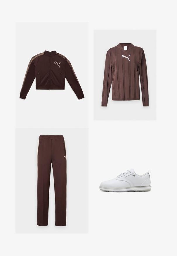 Mørkebrun jakke med lynlås og høj krave, to lynlåslommer foran, ternet stribe langs ærmerne og hvidt Puma-logo på brystet.; Brun langærmet sweater med lodrette teksturerede striber og en hvid Puma-logo centreret på brystet mod en ensfarvet baggrund.; Brune joggingbukser med en tekstureret overflade, elastisk taljebånd, sidelommer med lynlåse og et logo på venstre ben.; Hvide atletik sko med glat syntetisk læderoverdel, teksturerede accenter, polstret krave og gummisål med godt greb. Sølv logo detaljer.