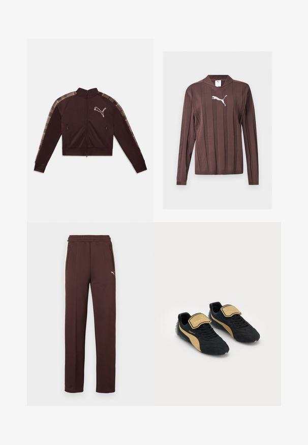Veste marron foncé zippée avec col montant, deux poches zippées à l'avant, bande à carreaux le long des manches et logo Puma blanc sur la poitrine.; Pull marron à manches longues avec des rayures verticales texturées et un logo Puma blanc centré sur la poitrine sur un fond uni.; Pantalon de survêtement marron avec une finition texturée, taille élastique, poches latérales zippées et un logo sur la jambe gauche.; Baskets noires et beiges dotées d'un dessus texturé, d'un bout arrondi, d'un laçage à l'avant et d'une sangle Velcro avec le logo "FENTY".