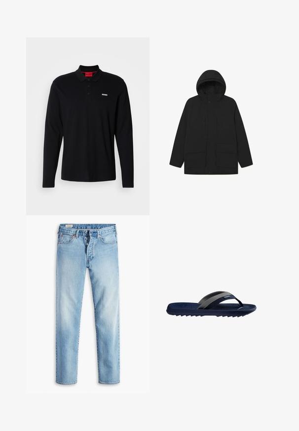 Schwarze, wasserdichte Parka-Jacke mit Kapuze, ausgestattet mit einem Frontreißverschluss, zwei großen Fronttaschen und einem einfachen, minimalistischen Design.; Schwarzes Longsleeve-Polohemd aus Baumwolle mit rotem Kragen und Drei-Knopf-Leiste, ausgestattet mit einem weißen "HUGO"-Logo auf der Brust.; Hellblaue Jeans aus Denim mit geradem Bein, ausgestattet mit fünf Taschen, Gürtelschlaufen und einem Knopfverschluss.; Marineblaue Flip-Flop-Sandale mit strukturiertem Fußbett, grauen und schwarzen Riemen und gerillter Sohle, von der Seite auf weißem Hintergrund gezeigt.