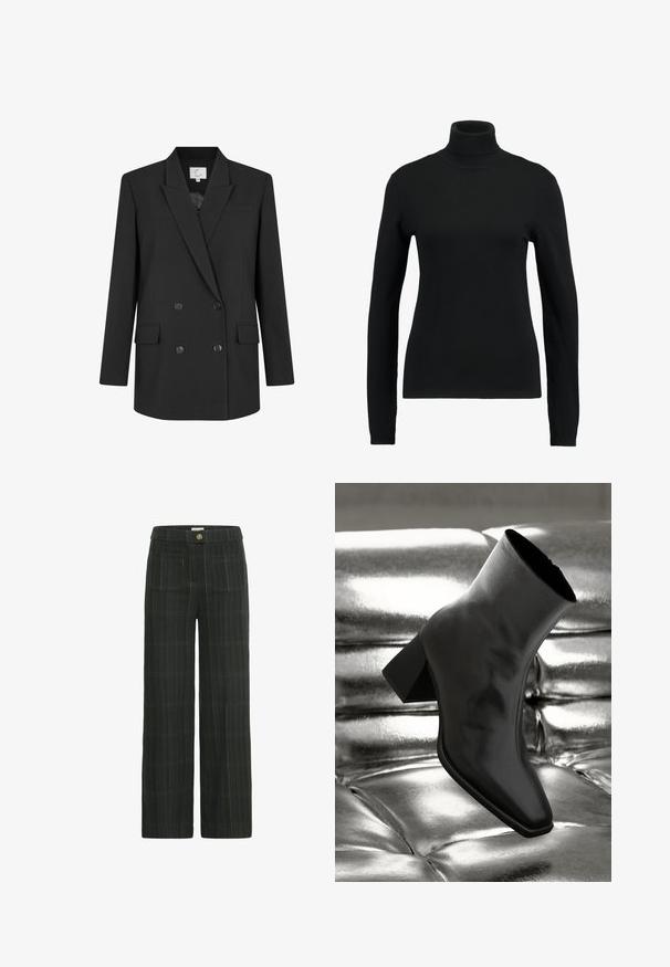 Sort dobbeltradet blazer med hakkede revers, fire knapper, to forlommer med klap og en brystlomme, størrelse small.; Sort turtle-neck sweater lavet af glat strikstof. Har lange ærmer og en tætsiddende pasform, med ribbet hals og kantdetaljer.; Bredde benbukser i mørkegrøn stof med et ternet mønster, der har to forlommer og gule syninger som detaljer.; Sorte ankelstøvler lavet af glossy materiale med firkantet tå og spidse hæle, sat mod en skinnende sølv tuftet baggrund.