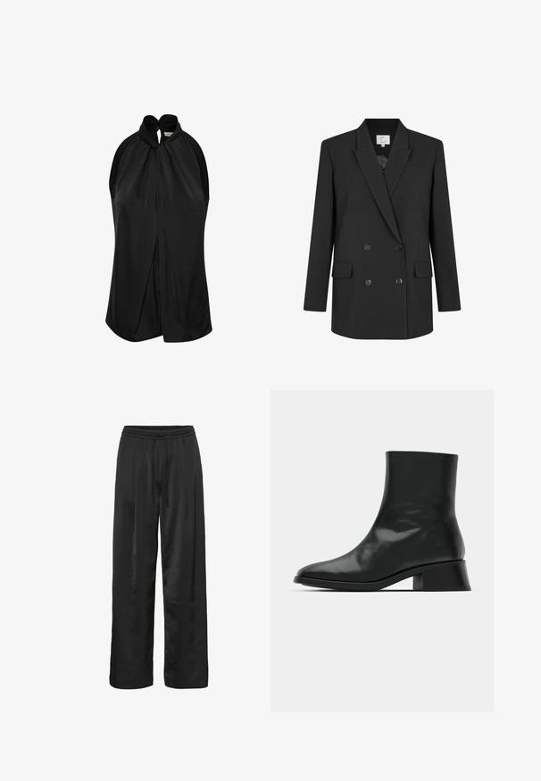 Americana negra de doble botonadura con solapas con muesca, cuatro botones, dos bolsillos delanteros con solapa y un bolsillo de ojal en el pecho, talla pequeña.; Top negro sin mangas con un cuello halter y un detalle de nudo, fabricado en una tela suave, con un diseño drapeado que cae libremente desde los hombros.; Pantalones de pierna ancha negros, hechos de una tela suave y brillante. Cuentan con una cinturilla elástica con cordón para un ajuste ajustable.; Botín negro de tobillo hecho de cuero brillante, con un diseño elegante, punta afilada y un tacón bloque moderado para mayor estabilidad.