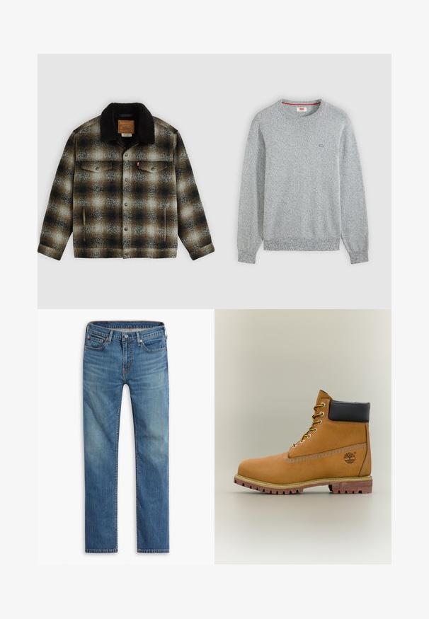 Brun og sort ternet flanneljakke med sherpa-krave, trykknapper, to brystlommer og en blød tekstur.; Lysegrå tekstureret strik crewneck sweater med lange ærmer og en lille Levi's-logo på venstre bryst.; Blå straight-leg denim jeans med frontknap og lynlåslukning, fem-lomme design og subtilt falmede områder på lår og knæ.; Brun læderankelstøvle med sort krave, gule snørebånd og tanfarvet sål. Har logo og hvide syninger som detalje. Robust ydersål med greb.