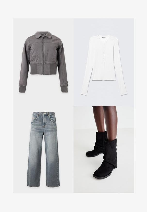 Graue Jacke mit Reißverschluss, Kragen, langen Ärmeln und gerippten Bündchen und Bund, auf weißem Hintergrund dargestellt.; Weißes Langarm-Henley-Shirt mit rundem Ausschnitt und einer vertikalen Reihe kleiner Knöpfe in der vorderen Mitte.; Hellblaue Jeans mit weitem Bein und verwaschener Optik, vorderem Knopf- und Reißverschluss, Vorder- und Gesäßtaschen sowie Gürtelschlaufen, flach auf weißem Hintergrund liegend.; Schwarze Wildleder-Ankle Boots mit einem lässigen Design, flacher Sohle und quadratischer Zehenpartie, präsentiert auf dunklen Beinen vor einem hellen Hintergrund.