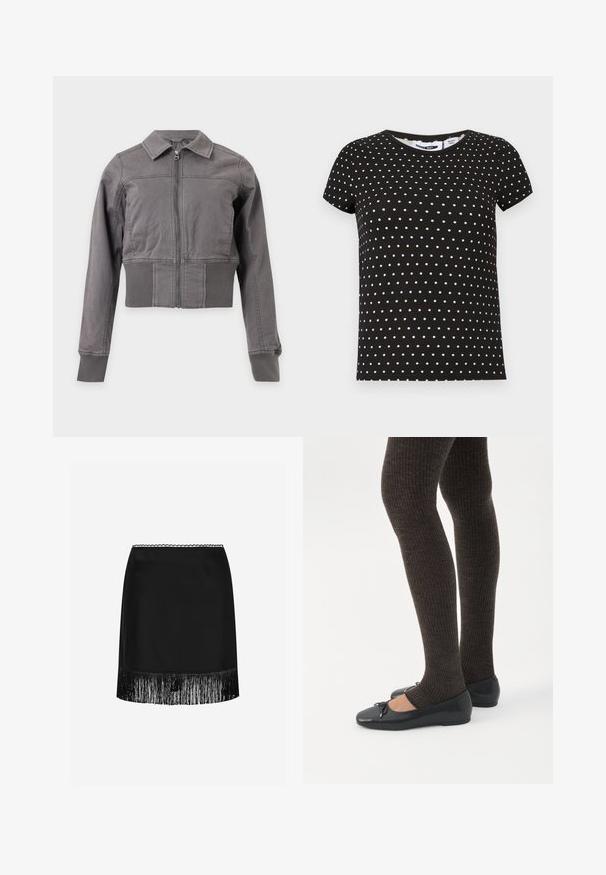 Veste grise zippée avec col, manches longues et poignets et taille côtelés, présentée sur fond blanc.; T-shirt noir à manches courtes avec des pois blancs, col rond et ourlet droit.; Mini-jupe en satin noir avec une ceinture festonnée et une bordure à franges le long de l'ourlet, présentée sur un fond blanc uni.; Jambes portant des leggings côtelés foncés associés à des ballerines noires avec de petits détails en nœud sur fond blanc.