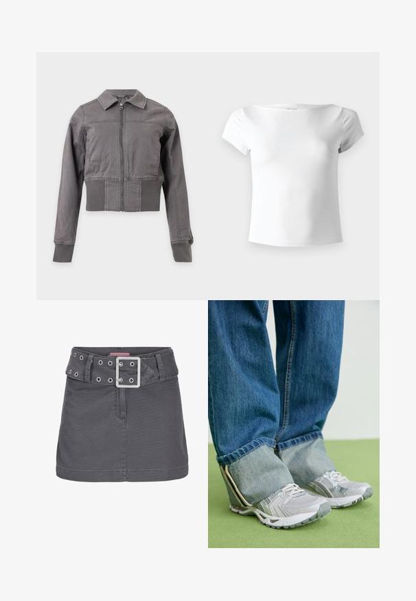 Chaqueta gris con cremallera, con cuello, mangas largas y puños y cintura acanalados, mostrada sobre fondo blanco.; Camiseta blanca lisa ajustada de manga corta con un escote ancho, mostrada sobre un fondo gris claro.; Minifalda de algodón gris con un cinturón ancho que presenta ojales plateados y una hebilla de metal cuadrada, diseñada con una silueta limpia y recta.; Zapatillas deportivas grises con material de malla y acentos blancos, combinadas con jeans de denim azul que tienen los tobillos remangados.