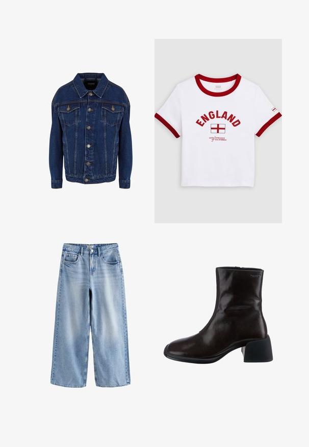 Mørkeblå denimjakke med lange ærmer, knaplukning foran, to brystlommer med klap og kontrastsyet på en hvid baggrund.; Hvid kortærmet t-shirt med rød trim på ærmer og krave, med rød "ENGLAND" tekst, Englands flag og Levi Strauss of California logo.; Lysblå vidbenede jeans lavet af denim, med høj talje, to forlommer og minimal falmning for et rent finish.; Vagabond ANSIE - Støvletter - braun