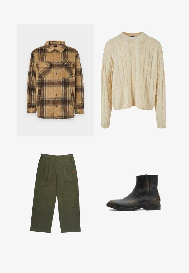 Sean John SCRIPT LOGO OVERSHIRT - Ľahká bunda - brown/dark brown; Krémový pletený sveter s káblovým vzorom, okrúhlym výstrihom a rebrovanými manžetami a lemom. Vyrobený z jemnej, štruktúrovanej látky.; Olivové kordové nohavice s voľným strihom, s zapínaním na gombík, prednými skladmi a malým vyšitým logom v červenej farbe.; AllSaints LANG - Klasické členkové čižmy - brown