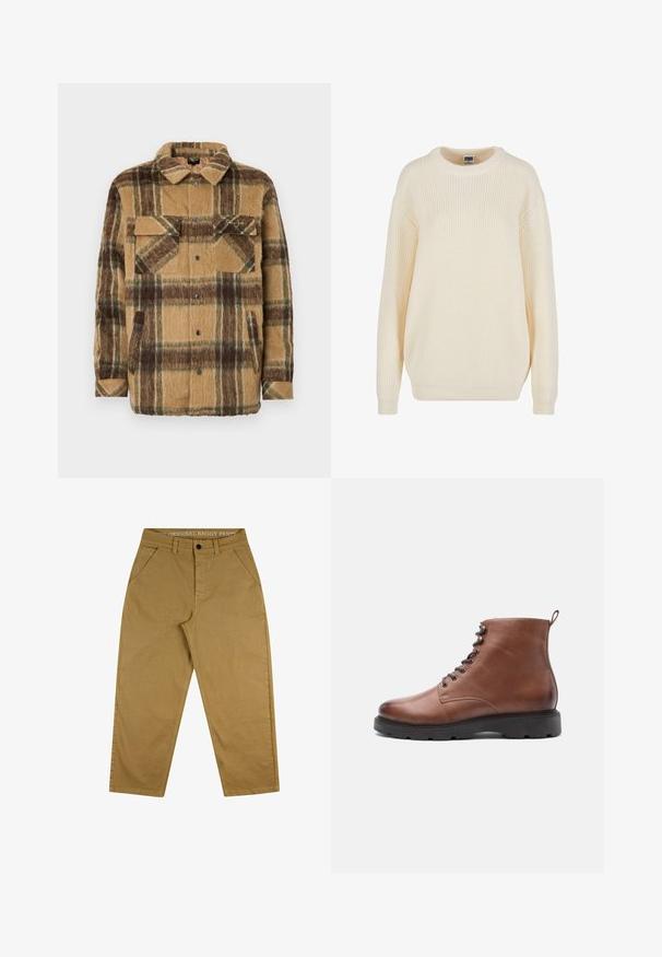 Sean John SCRIPT LOGO OVERSHIRT - Veste mi-saison - brown/dark brown; Pull en maille côtelée couleur crème avec un col rond, des épaules tombantes et une coupe décontractée ; il possède un tricot texturé et des poignets côtelés.; Pantalons baggy beiges en coton durable. Dotés d'une fermeture à bouton, d'un design à cinq poches et d'une étiquette sur la taille avec du texte.; Bottes brunes en cuir montant jusqu'à la cheville avec un bout rond, un laçage à l'avant et une semelle en caoutchouc noir. Équipées d'une boucle à l'arrière pour un enfilage plus facile.