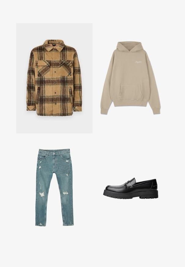Sean John SCRIPT LOGO OVERSHIRT - Ľahká bunda - brown/dark brown; Béžová mikina s kapucňou z bavlny, so prednou vreckom, rebrovanými manžetami a malým bielym logom na hrudi.; Světle modré džíny s úzkým střihem, s opotřebovanými detaily na předních stehnech a kolenou, s předním knoflíkem a designem s pěti kapsami.; Čierne kožené mokasíny s masívnou podrážkou a dekoratívnym pásom cez hornú časť, zobrazené z ľavého bočného profilu na bielom pozadí.