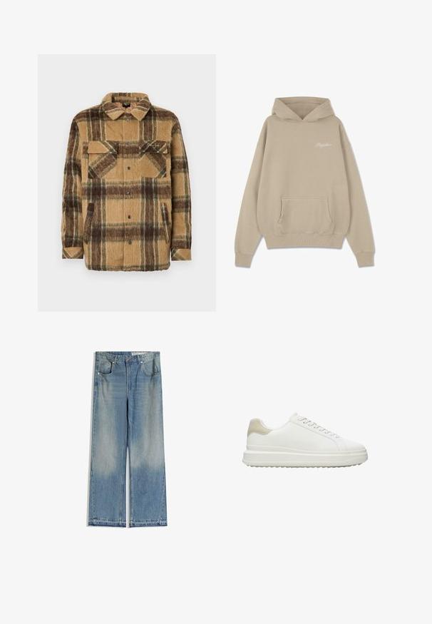 Sean John SCRIPT LOGO OVERSHIRT - Veste mi-saison - brown/dark brown; Sweatshirt à capuche beige en coton, avec une poche avant, des poignets côtelés et un petit logo blanc sur la poitrine.; Jean large en denim bleu clair avec un délavage, comportant deux poches avant, une fermeture par bouton et une coupe droite avec des ourlets nets.; Baskets blanches en cuir lisse avec un accent beige texturé au talon, dotées de lacets ronds, d'un design profil bas et d'une semelle extérieure en caoutchouc.