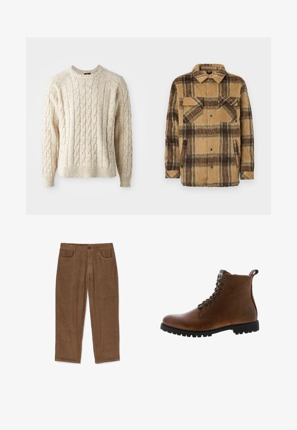 Sean John SCRIPT LOGO OVERSHIRT - Ľahká bunda - brown/dark brown; Krémový sveter s kabelovým úpletom, okrúhlym výstrihom, textúrovaným vzorom a rebrovanými manžetami a lemom. Vyrobený z mäkkej, hrubej priadze.; Hnedé kordové nohavice s vertikálnym ryhovaním, piatimi vreckami a gombíkovým zapínaním. Rovno strihané, s mäkkým, textúrovaným povrchom.; Hnedé kožené členkové topánky s textúrovaným povrchom, kovovými očkami a čiernou gumovou podrážkou s výrazným dezénom. Obsahujú pútko na zadnej strane pre jednoduchšie obúvanie.